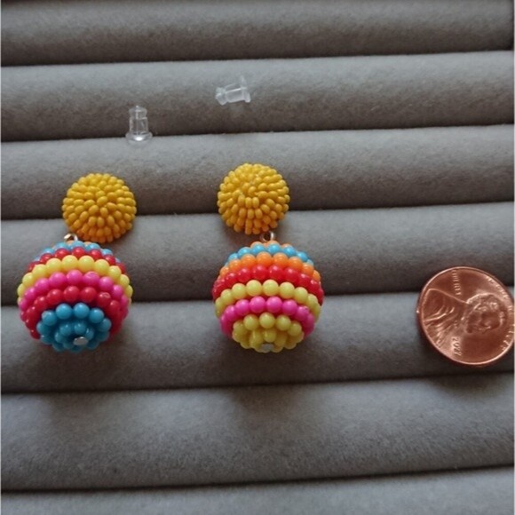 Seed Beaded Ball Drop Earrings - yellow/orange/blue yellow/orange/yellow - Picture 3 of 6